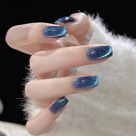Cat Eye Caviar Short Square Blue Glitter Press On Nails