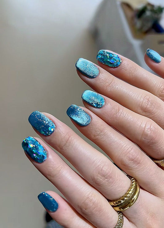 Cat Eye Mosaic Short Squoval Blue Glitter Press On Nails