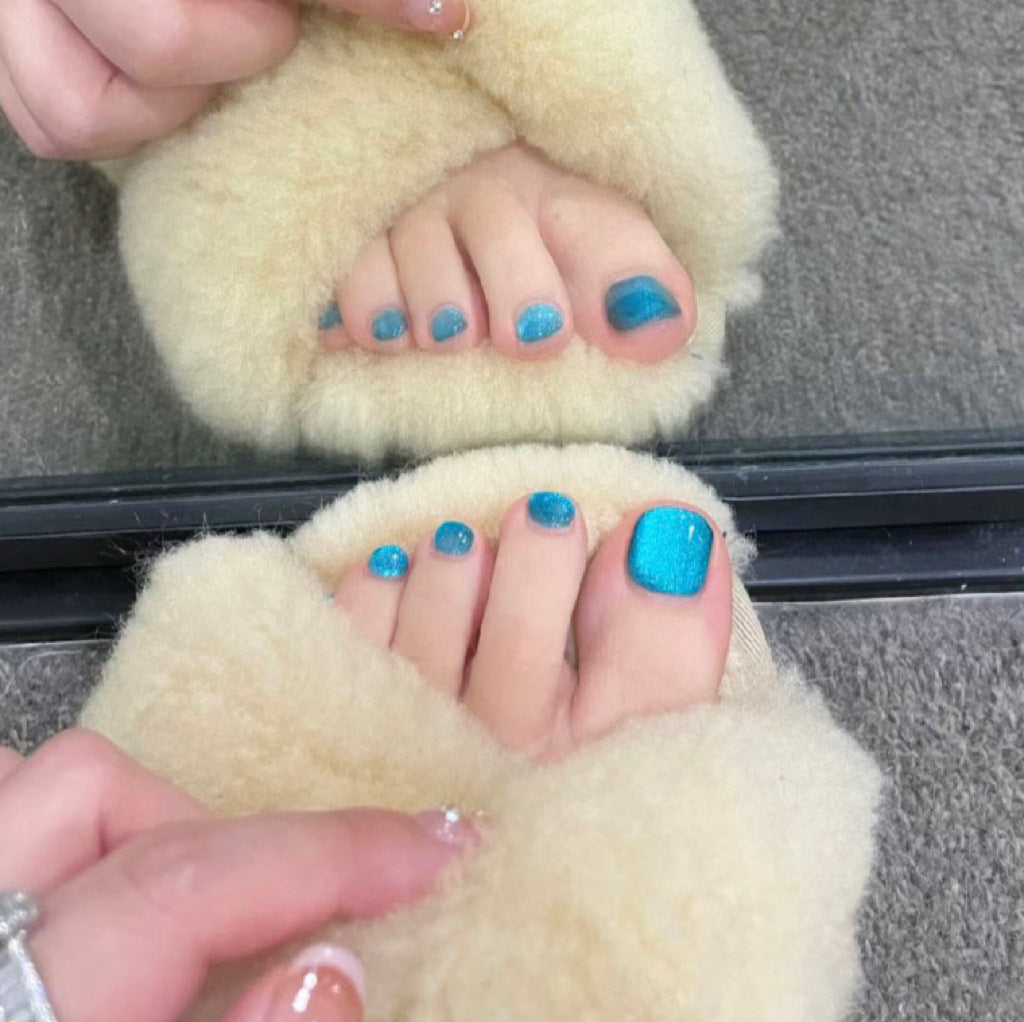 Cat Eye Strong Glitter Blue Press On Toenails