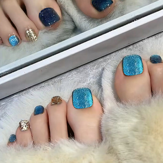 Cat Eye Mixed Glitter Blue Press On Toenails