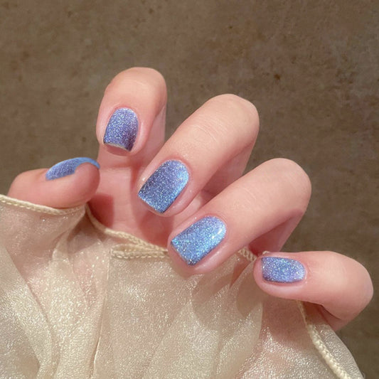 Model Player Short Square Blue Glitter Press On Nails