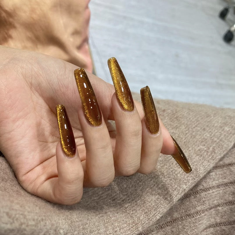 Be Right Back Cat Eye Long Coffin Gold Glitter Press On Nails