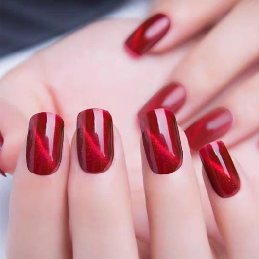 Velvet Romance Medium Square Burgundy Magnetic Press-On Nails with Iridescent Shimmer