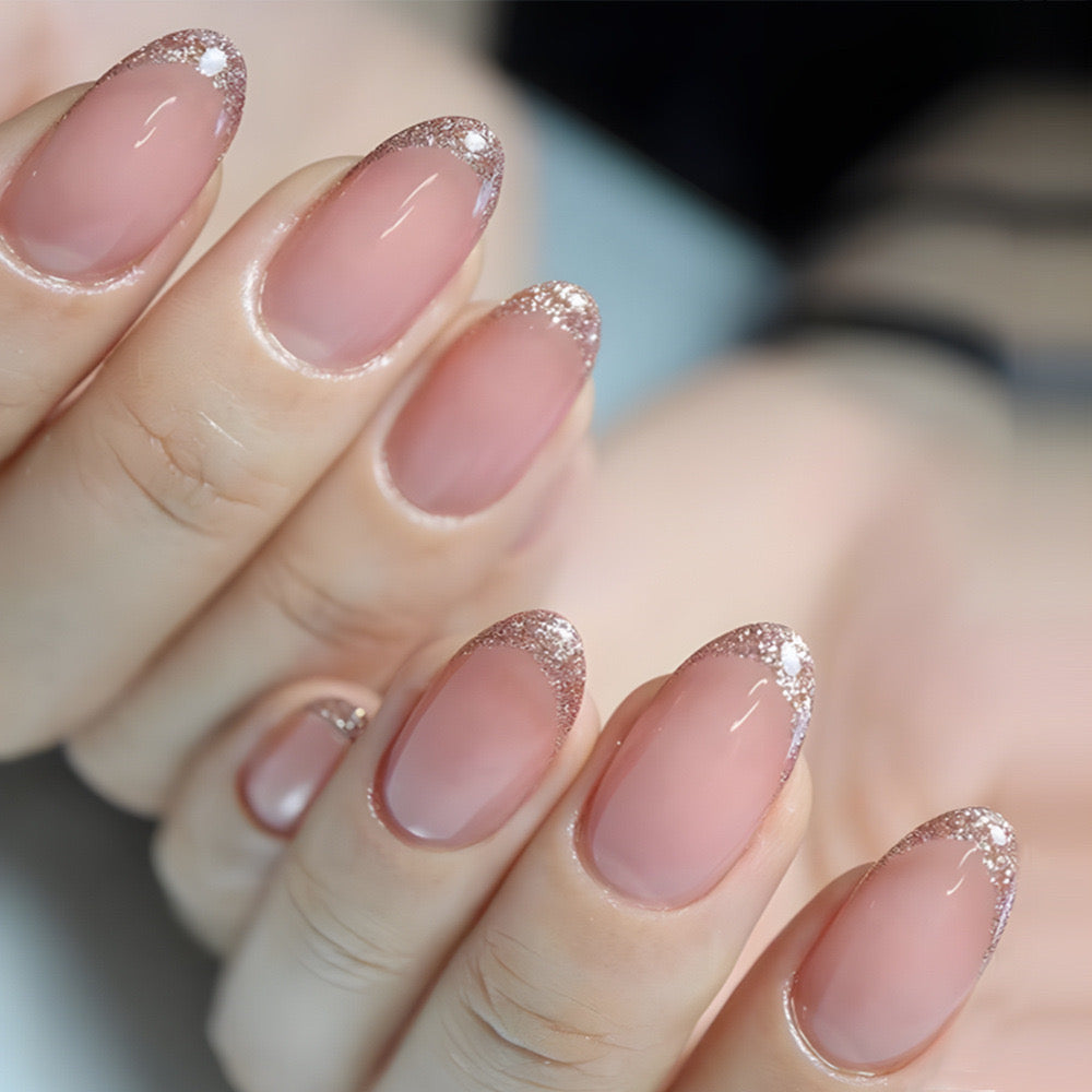 Glitter Gala Medium Length Almond Beige Press-On Nails with Sparkling Tips