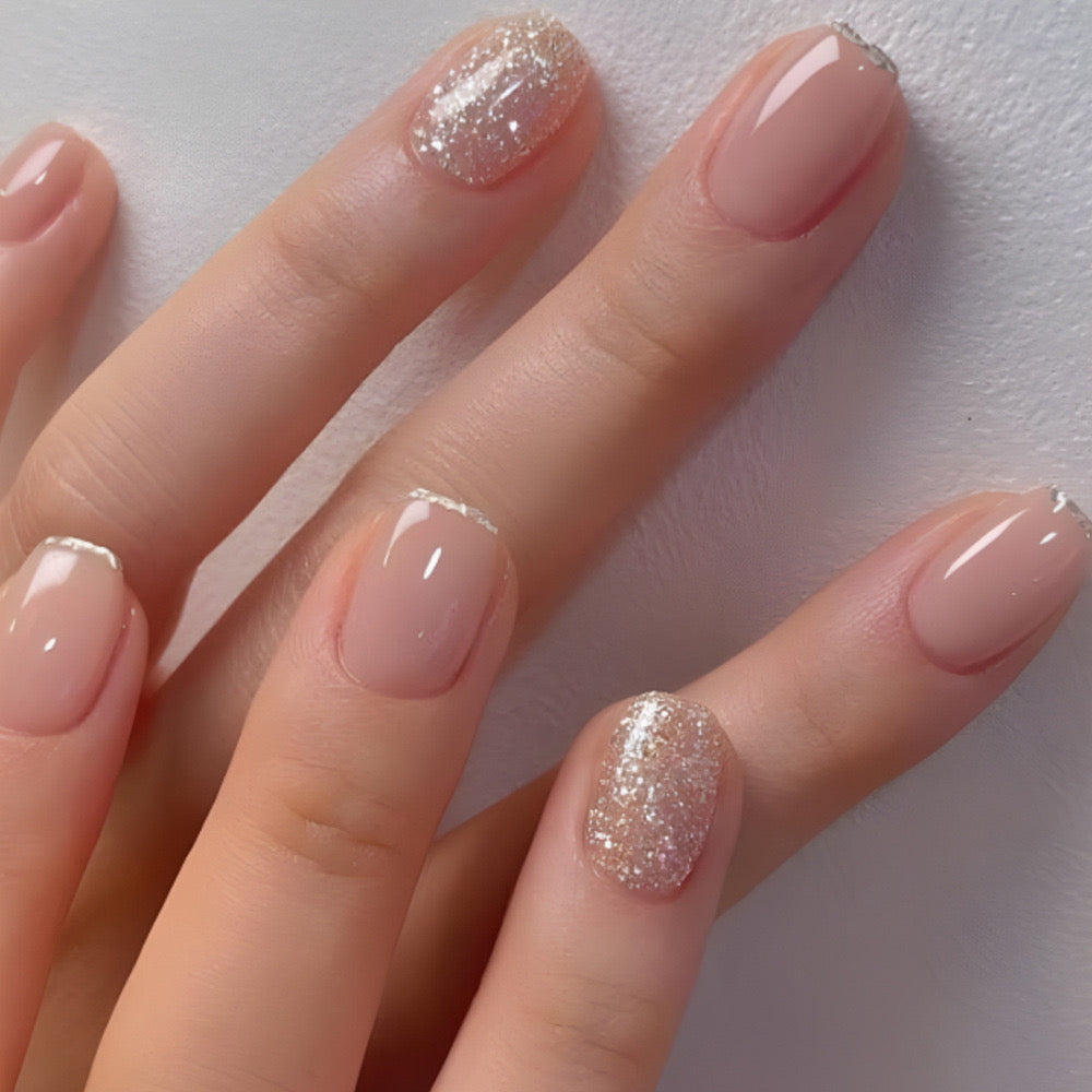 Classic Elegance Short Square Beige Press-On Nails with Glitter Accent and Silver French Tips