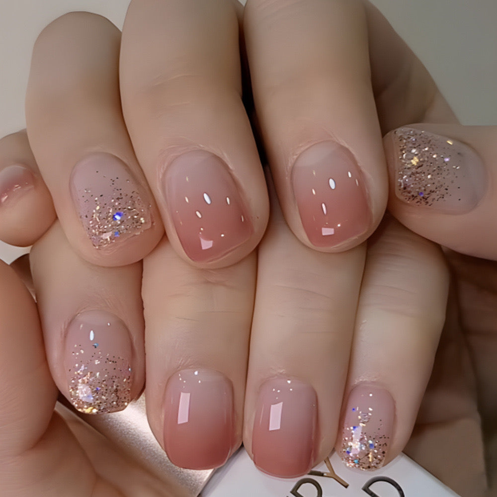 Starlight Shimmer Short Square Pink Press-On Nails with Gold Glitter Accent