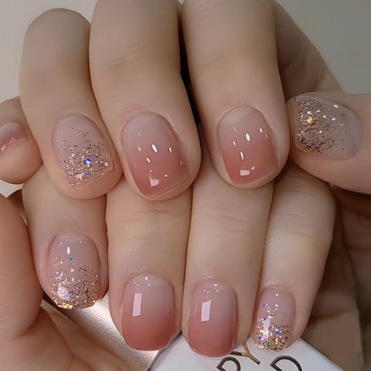 Starlight Shimmer Short Square Pink Press-On Nails with Gold Glitter Accent