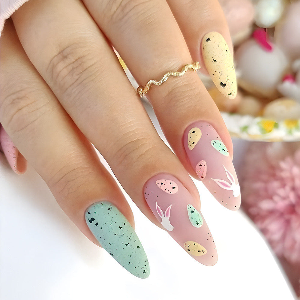 Easter Delight Long Almond Pastel Speckled Press-On Nails with Bunny Accent Art