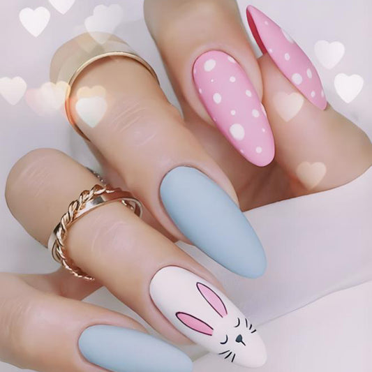 Playful Pastel Long Oval Baby Blue and Pink Press On Nails with Polka Dots and Adorable Bunny Art