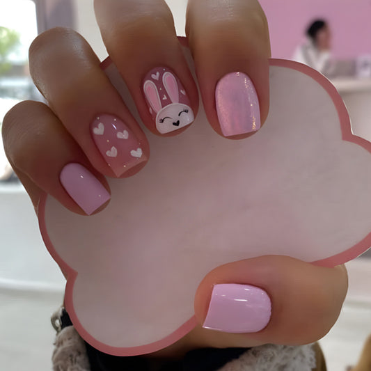 Hop into Spring Short Square Baby Pink Press On Nails with Bunny Art, Hearts, and Shimmer Accents