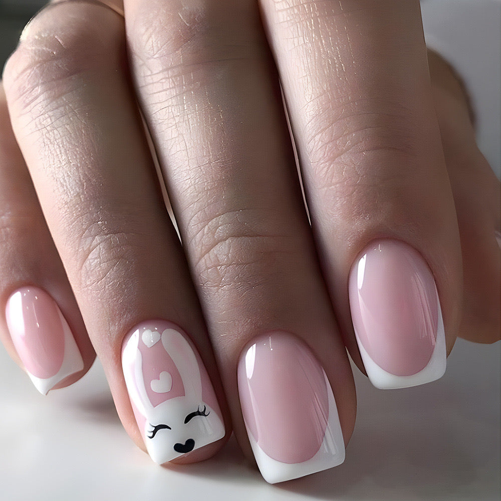 Charming Affection Medium Square Pink and White Press-On Nails with Cute Winking Face and Heart Detail