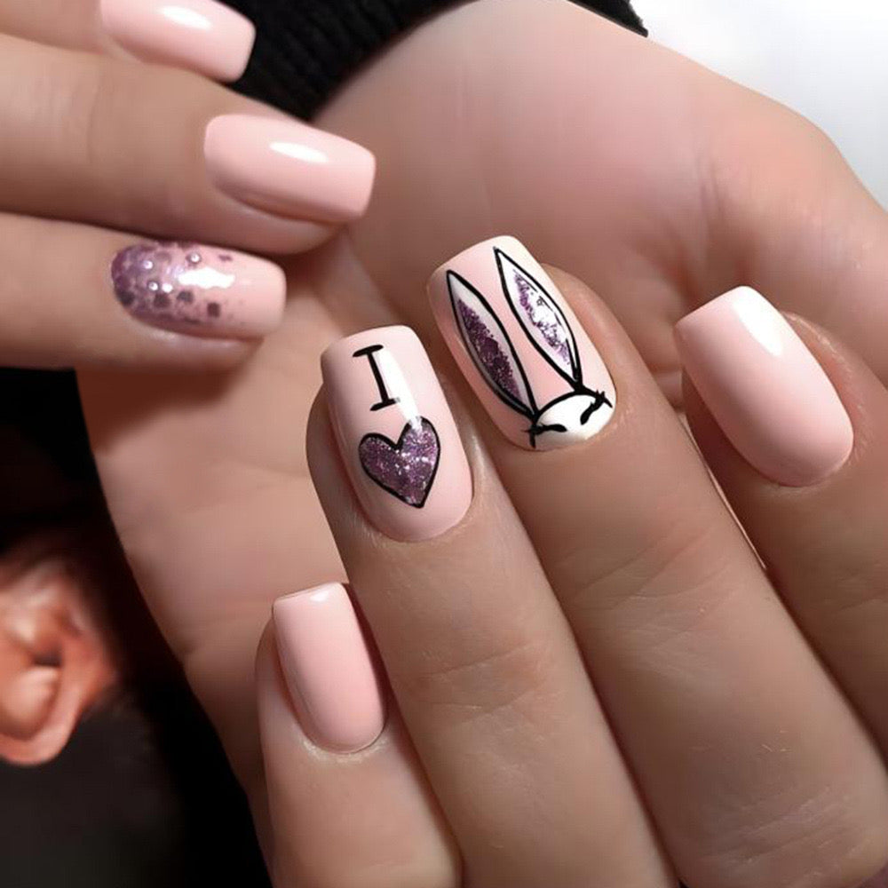 Charming Short Square Pink Press-On Nails with Glitter Accents and Bunny Love Design