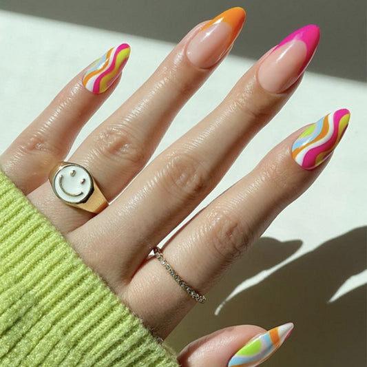 Groovy Barbie Medium Almond Multicolor Marble Press On Nails