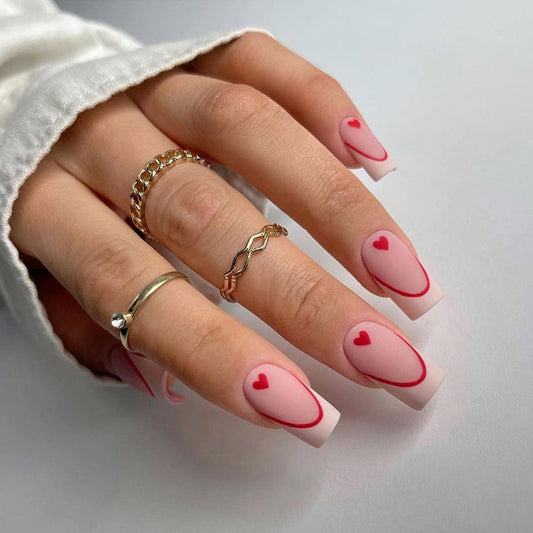 Check It Out Medium Square Red Hearts Press On Nails