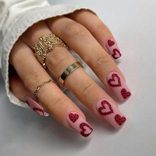 Spicy Love Medium Square Red Hearts Press On Nails