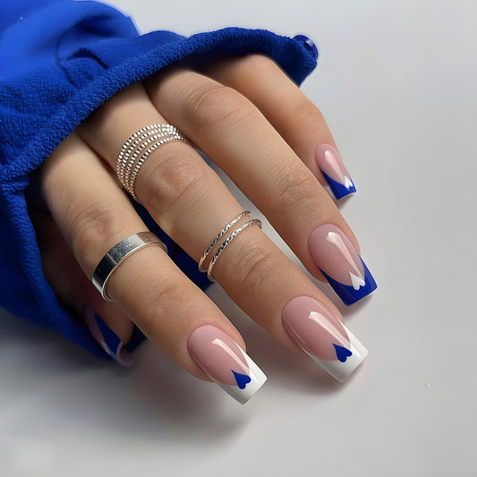 Cool Hearts Long Coffin Blue Everyday Press On Nails