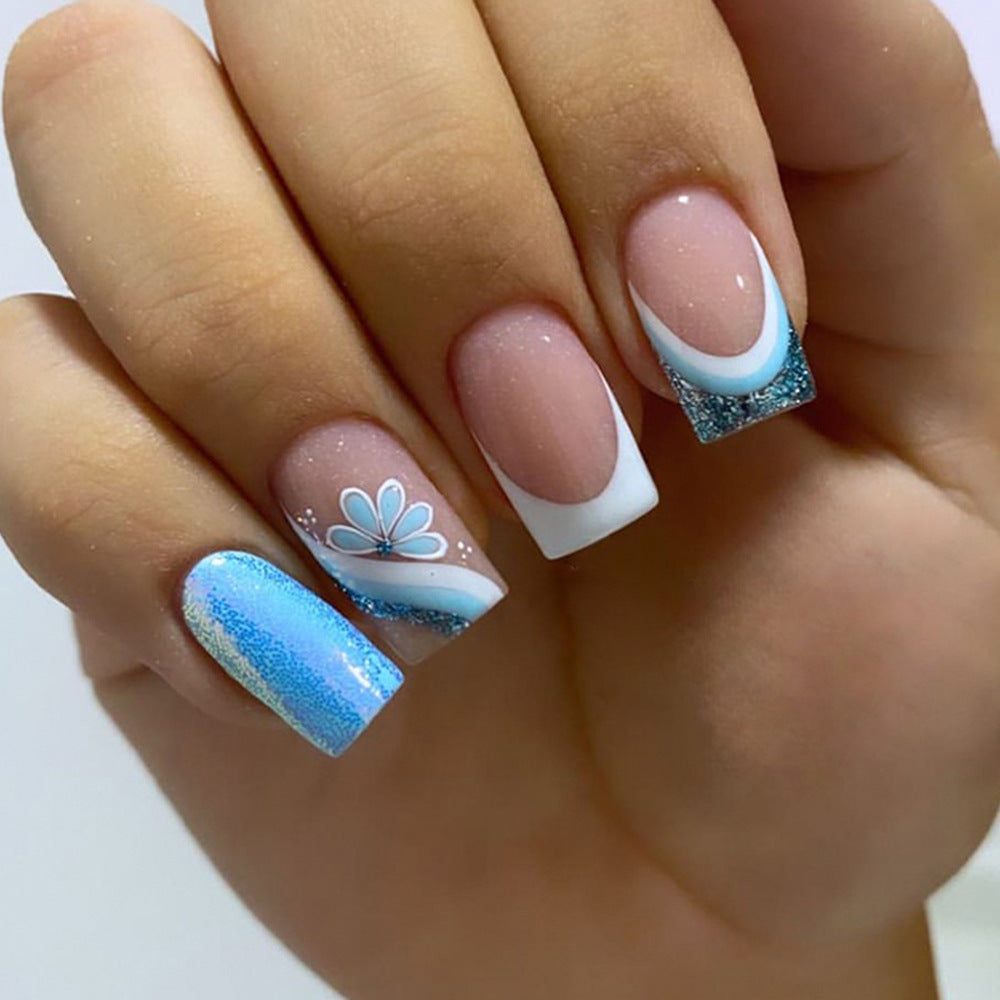 May I Ask Medium Square Blue Glitter Press On Nails