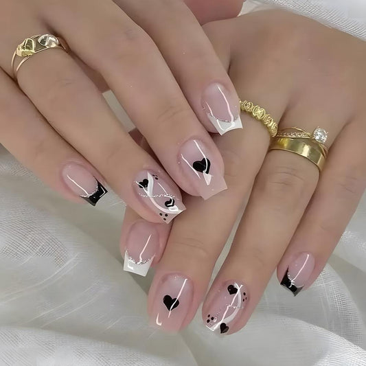 Straight Up Short Square Black Hearts Press On Nails