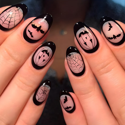 Spooky Scary Medium Oval Black Halloween Press On Nails