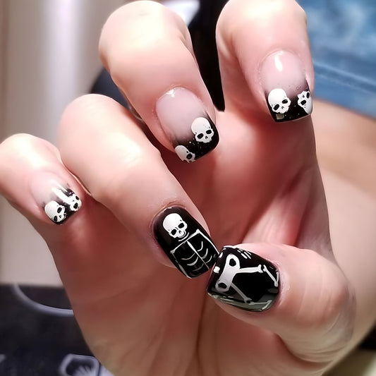 Spooky Skeletons Medium Square Black Halloween Press On Nails