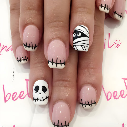 Mummified Short Squoval White Halloween Press On Nails