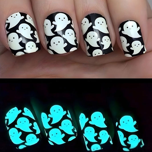 Glow In The Dark Ghosts Short Square Black Halloween Press On Nails