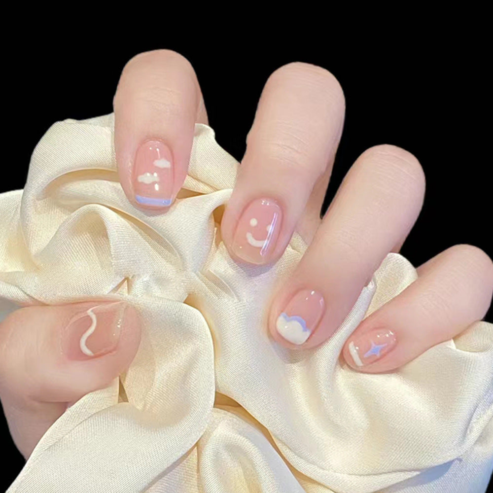 Smiling At The Clouds Short Squoval White Cute Press On Nails