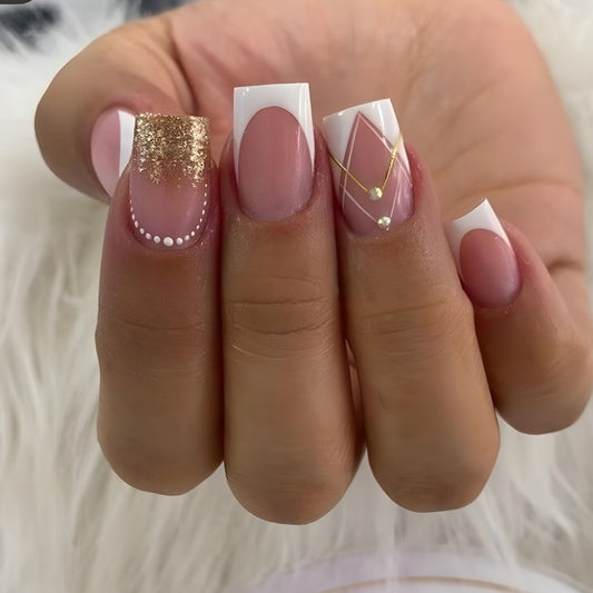 Newly Minted Short Square White Pearls Press On Nails
