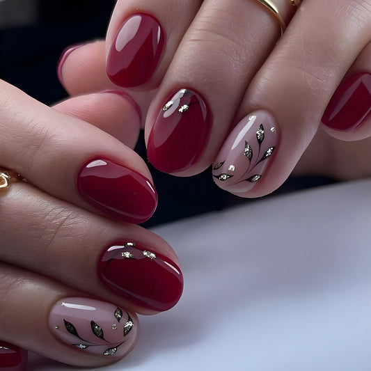 Autumn Elegance Short Round Burgundy Press-On Nails with Gold Leaf Accents