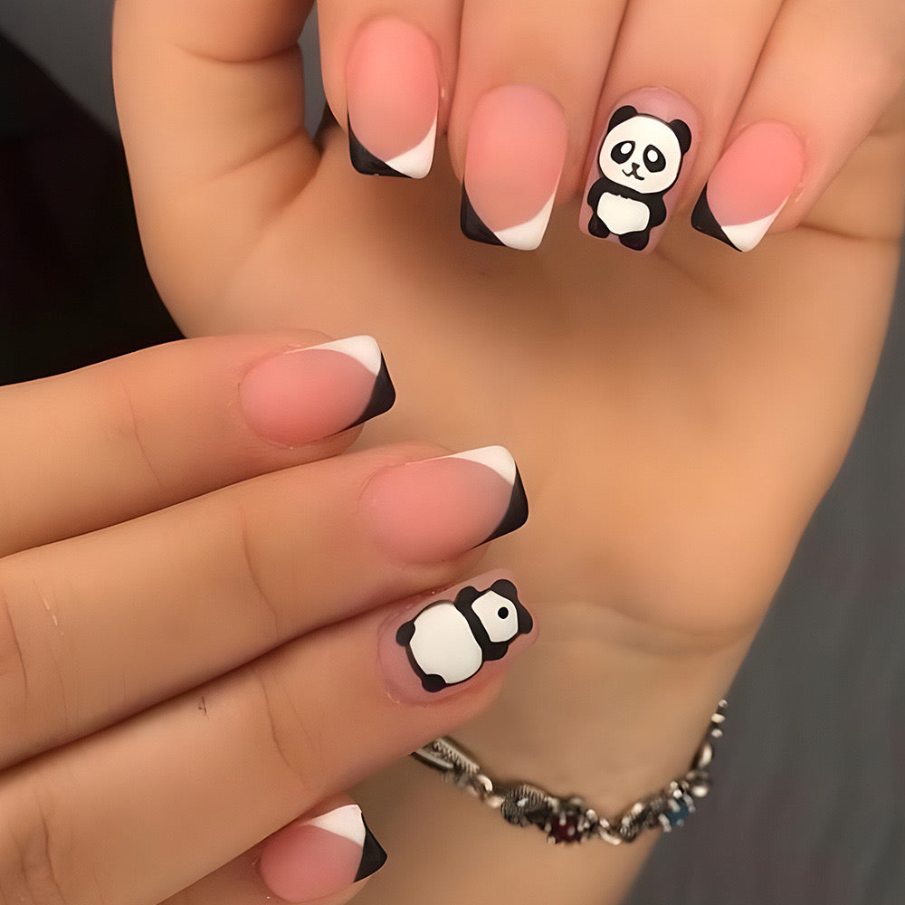 Playful Paws Medium Square French Tip Press-On Nails with Black Accents and Panda Design