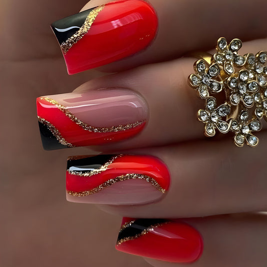 Romantic Red Long Square Press-On Nails with Black Gradient and Gold Glitter Detailing