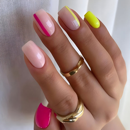 Vibrant Medium Square Dual-Tone Press-On Nails with Neon Accents - Summer Splash Collection