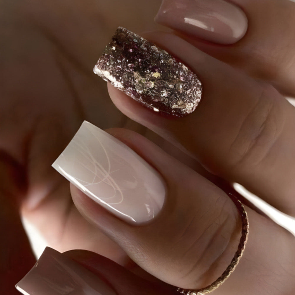 Elegant Mocha Medium Square Press-On Nails with Gold Flake Accent and Swirl Design