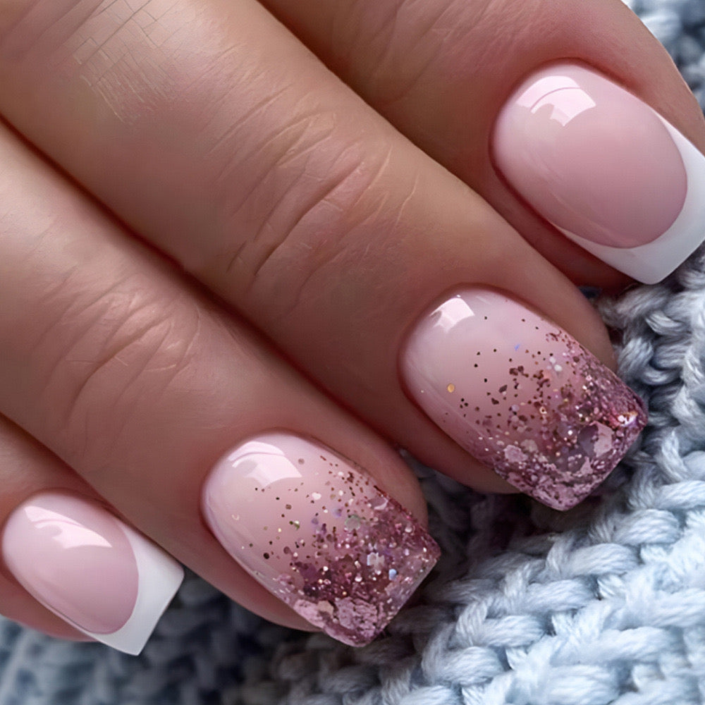 Sweet Elegance Medium Square Baby Pink Press-On Nails with Glitter Overlay and Swirled Art Detailing
