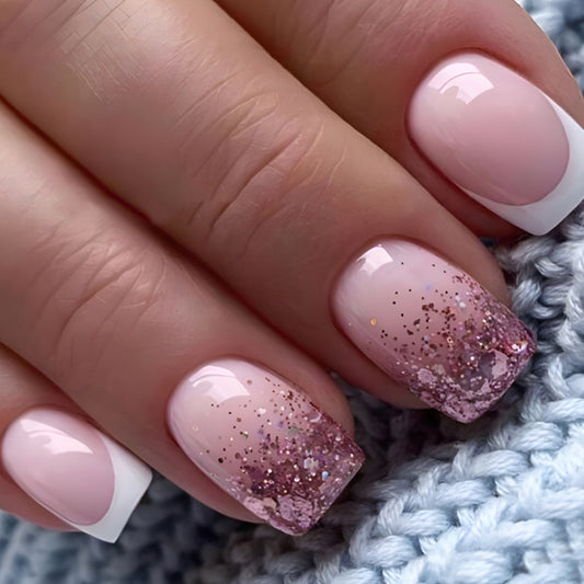 Sweet Elegance Medium Square Baby Pink Press-On Nails with Glitter Overlay and Swirled Art Detailing