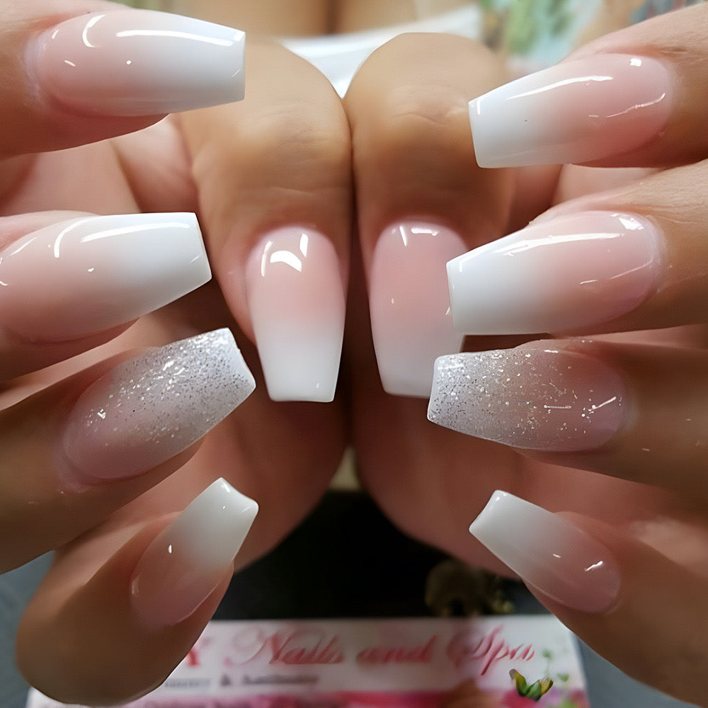 Chic Long Coffin Ombr≈Ω Nails with Glitter Frosted Tips for a Sparkling Finish