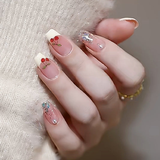 Cherry Tips Medium Coffin Silver Glitter Press On Nails