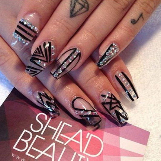 Know It Medium Coffin Black Studded Press On Nails