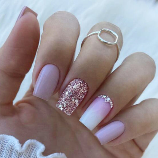Play Out Medium Square Pink Glitter Press On Nails
