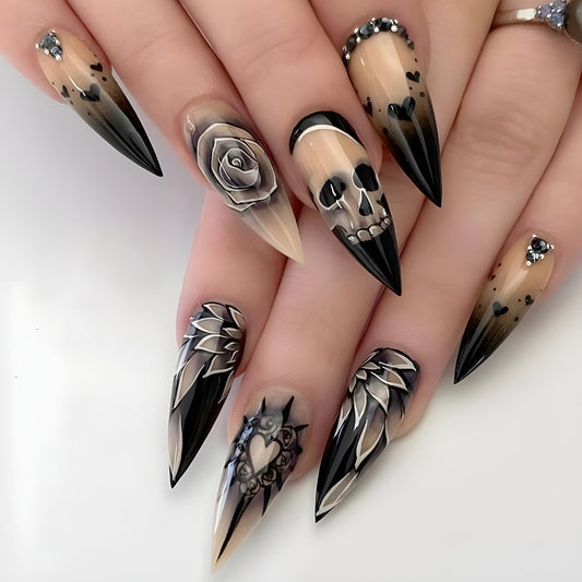 Scary Skull Long Stiletto Black Halloween Press On Nails