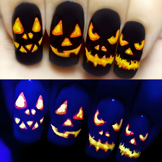 Glow In The Dark Jack O Lantern Medium Squoval Black Halloween Press On Nails