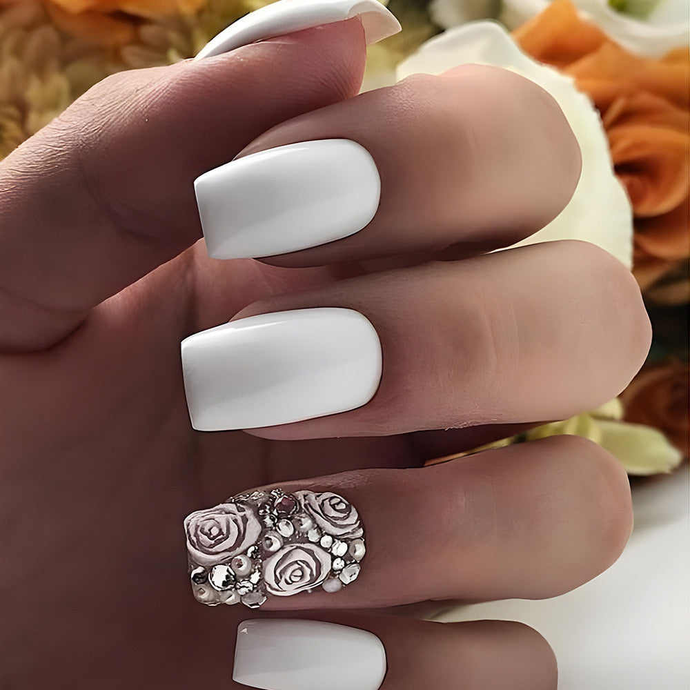 Classic Chic Long Square Pure White Press-On Nails with 3D Rose Accent Nail