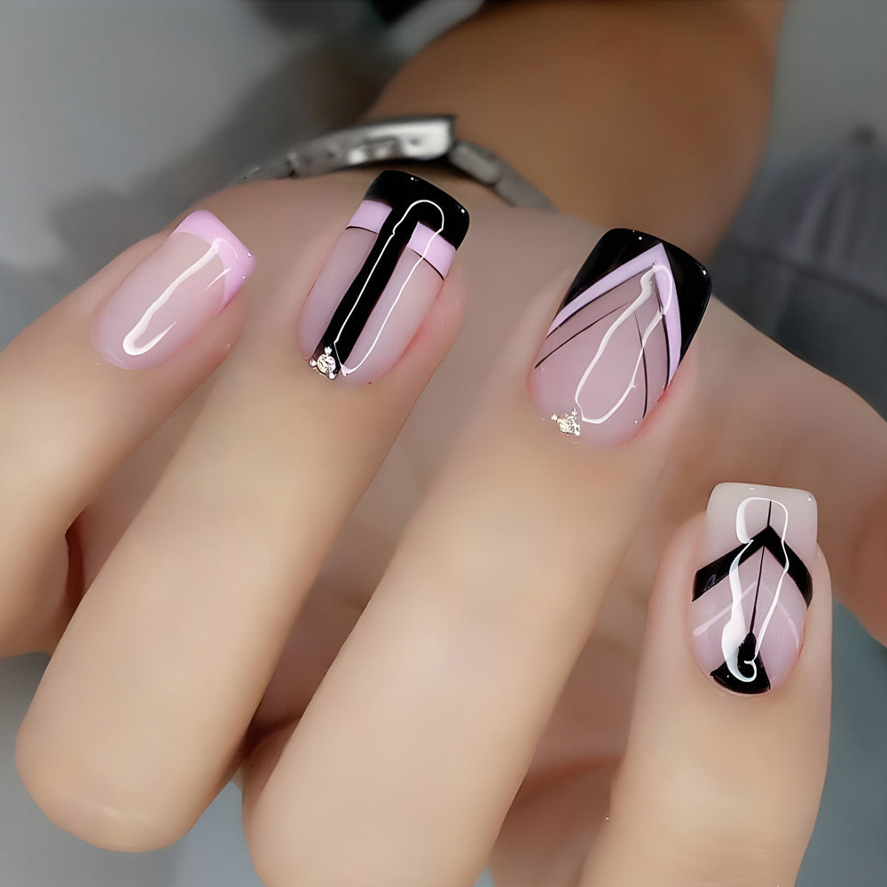 Chic Contrast Medium Square Baby Pink and Black Abstract Art Press-On Nails with Rhinestone Accents
