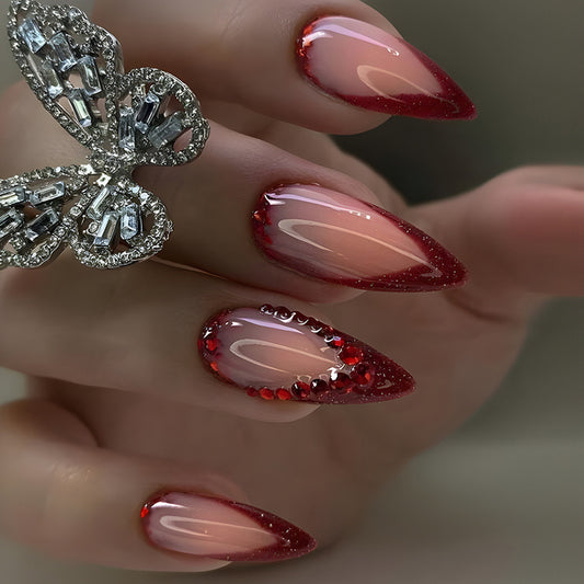 Glamorous Medium Almond Burgundy to Transparent Ombre Press-On Nails with Rhinestone Embellishments