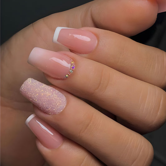 Elegant Bridal Medium Coffin Pink Press-On Nails with Glitter Accent and Rhinestone Embellishment