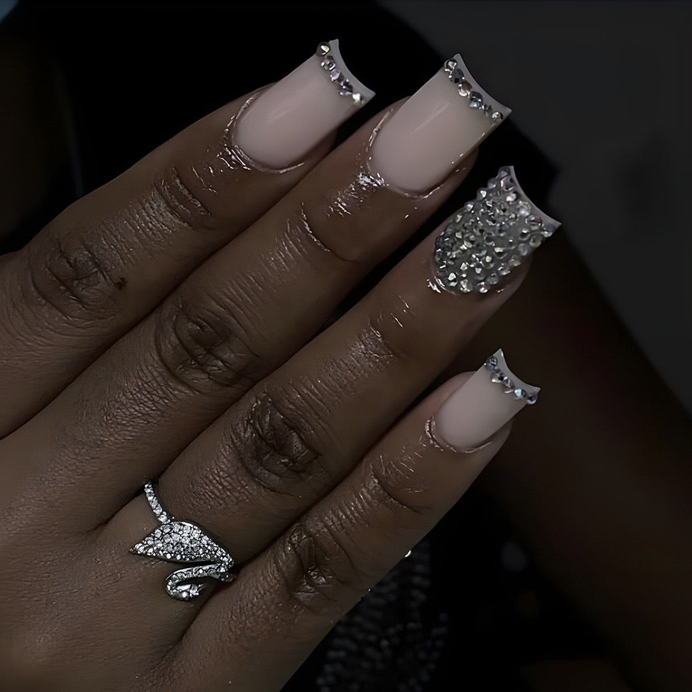 Glamorous Gala Medium Square Beige Press-On Nails with Silver Glitter and Rhinestone Embellishments