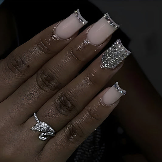 Glamorous Gala Medium Square Beige Press-On Nails with Silver Glitter and Rhinestone Embellishments
