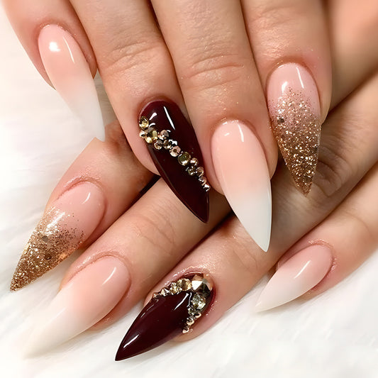 Bordeaux Bliss Long Stiletto Ombre Press-On Nail Set with Glitter Gradient and Jewel Embellishments