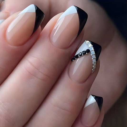 Elegant Affair Medium Square Black and White Ombre Press-On Nails with Bejeweled Detail