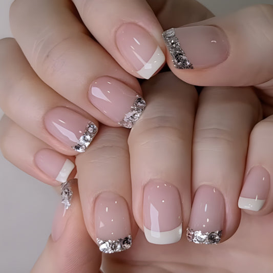 Classic Elegance Short Square Beige Press-On Nails with Silver Glitter French Tip Design